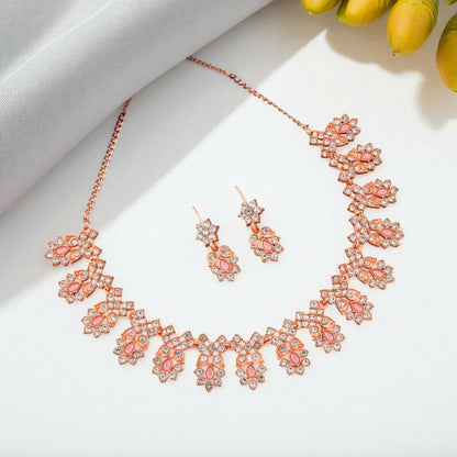 Rose Gold-Toned & Pink Petal Floral Jewellery Set