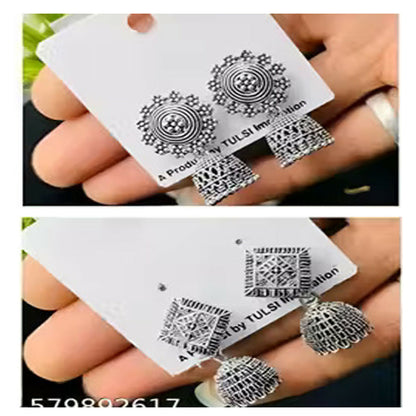 Detailed look at lightweight silver oxidised small jhumki earrings set