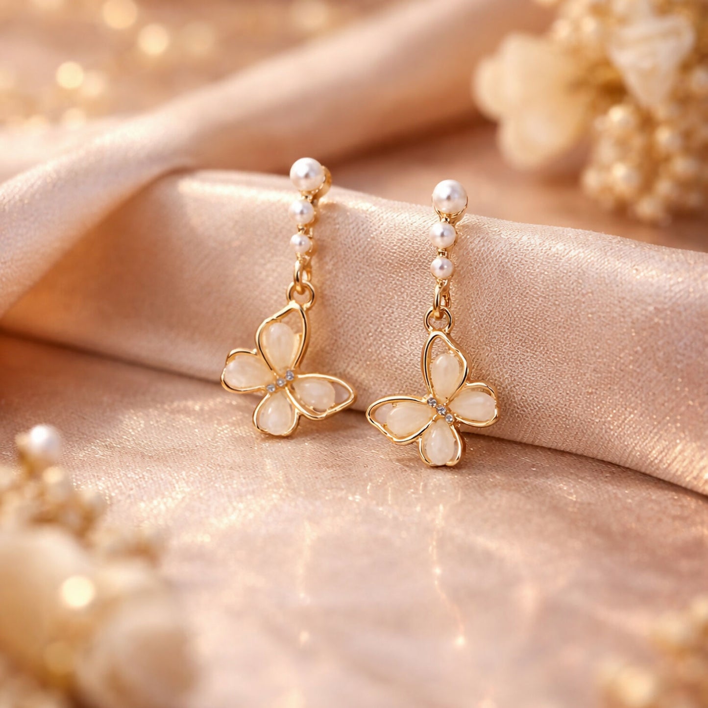 Elegant Gold Butterfly Pearl Drop Earrings with Floral Design for Women