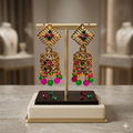 Traditional Gold-Plated Jhumka Earrings with Pink & Green Kundan Accents and Hanging Beads
