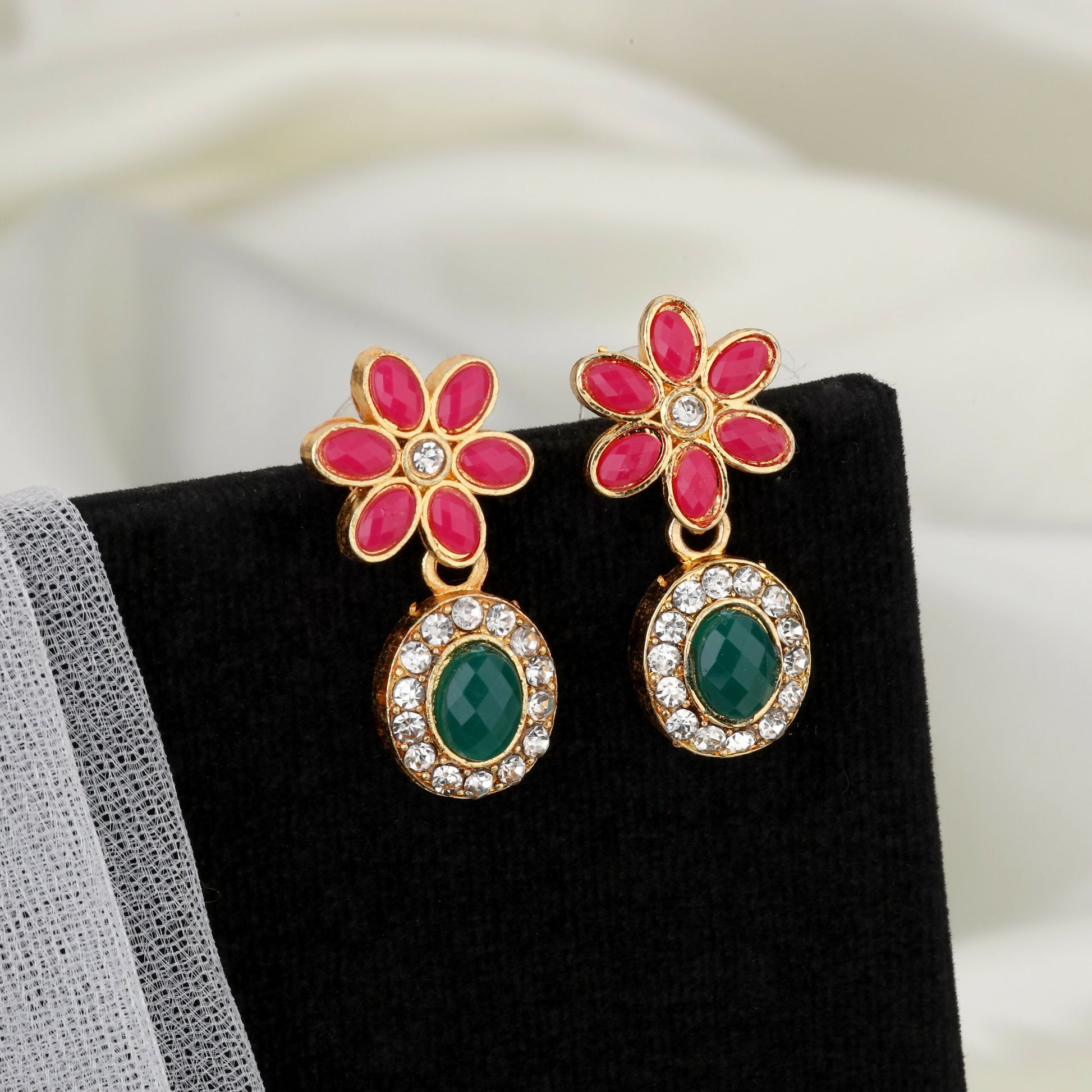 Traditional Gold-Toned Green-Pink Enamel Lotus Choker Set