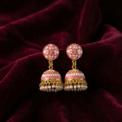 Golden finish border and pink dome design on jhumka earrings