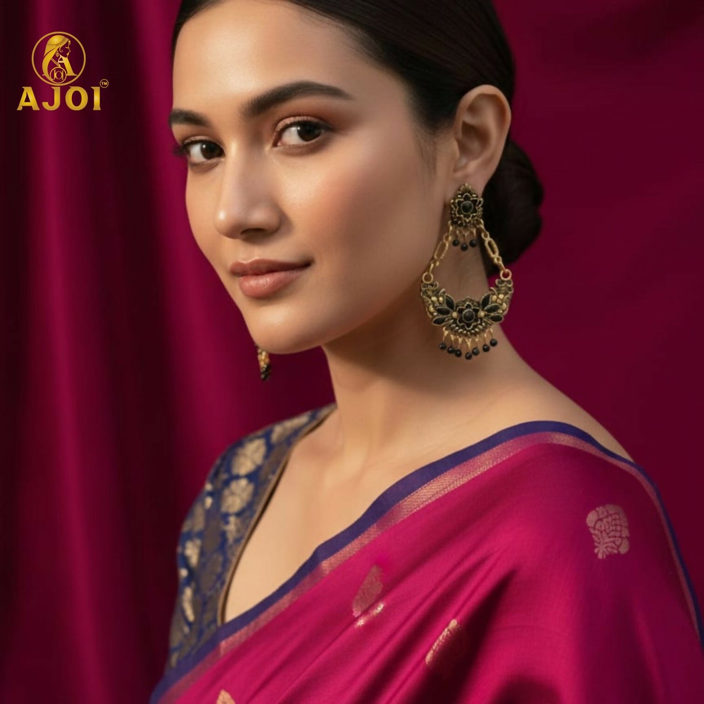 Antique Gold-Plated Black Stone Floral Chandbali Earrings for Women