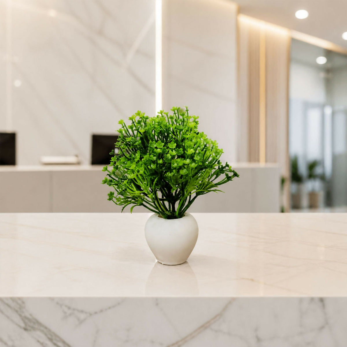 Artificial Green Baby Flower Plant with White Round Pot for Home Office Table Decor