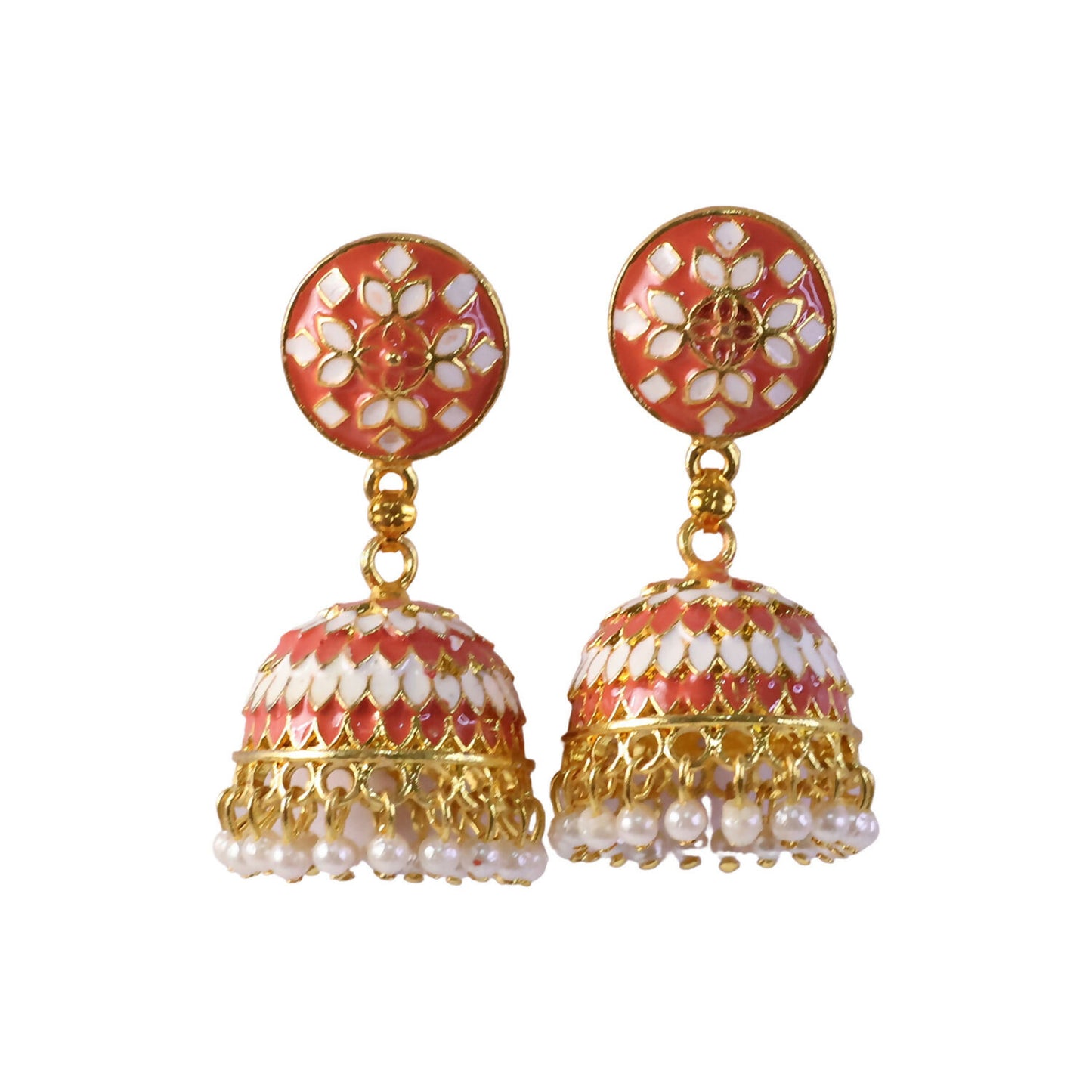 Top view of peach round stud jhumka earrings
