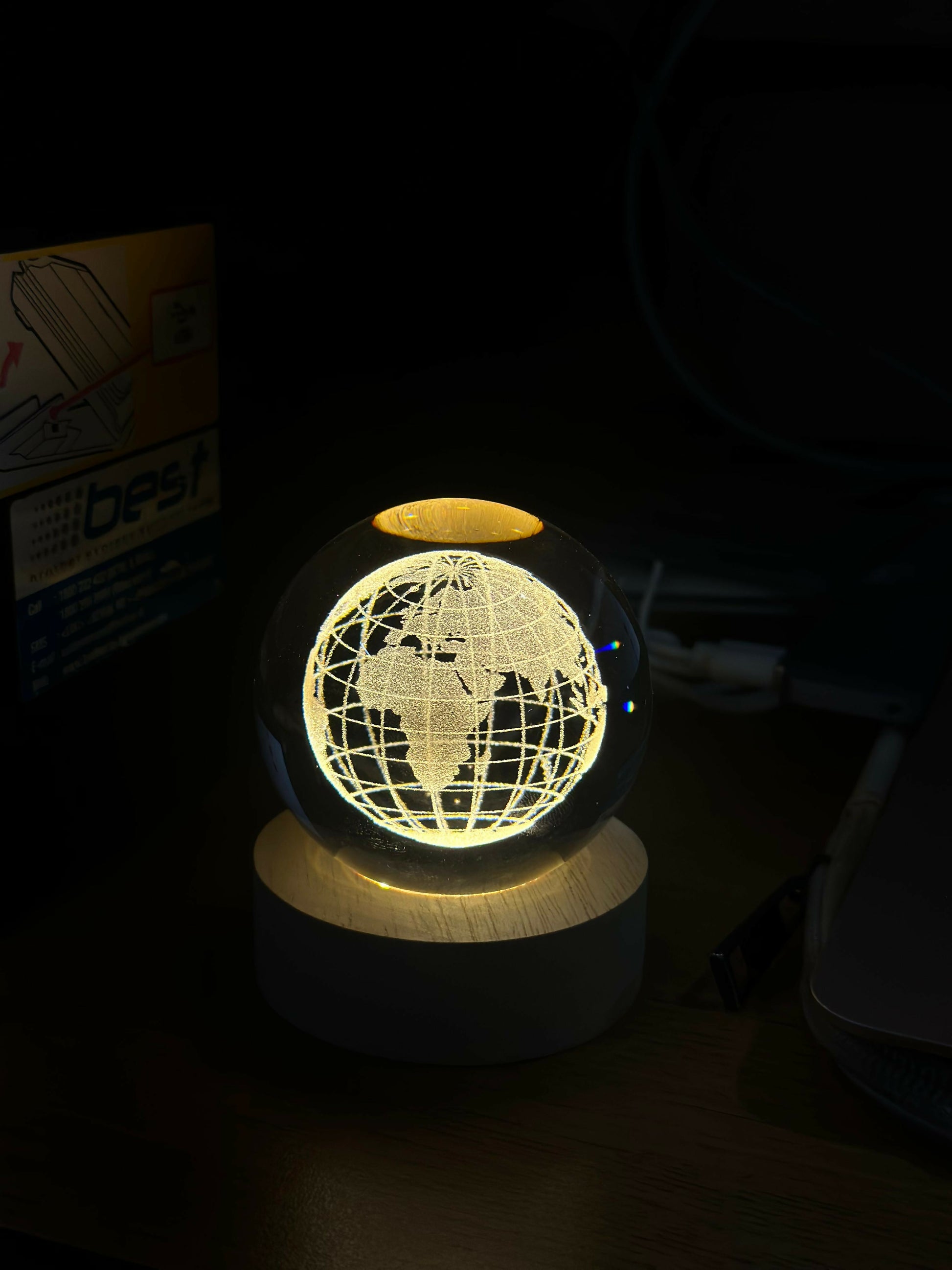 3D Crystal World Map Night Lamp with Wooden Base, USB Powered Decorative Light