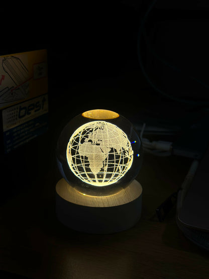 3D Crystal World Map Night Lamp with Wooden Base, USB Powered Decorative Light