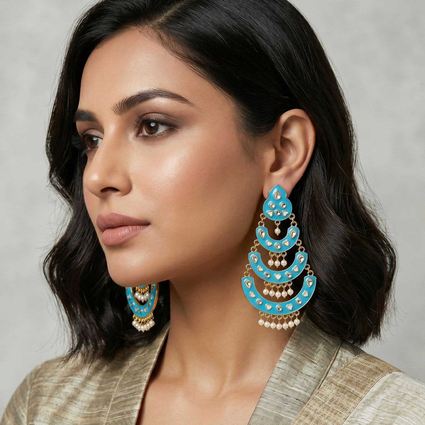Pearl hanging beads on sky blue layered chandbali earrings