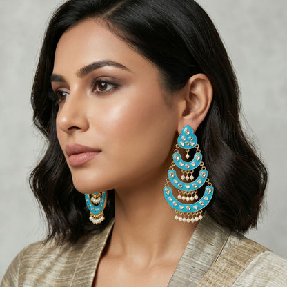 Pearl hanging beads on sky blue layered chandbali earrings