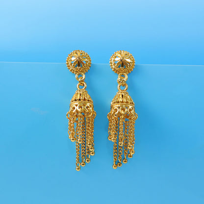Flowing chain tassels on gold plated jhumka earrings