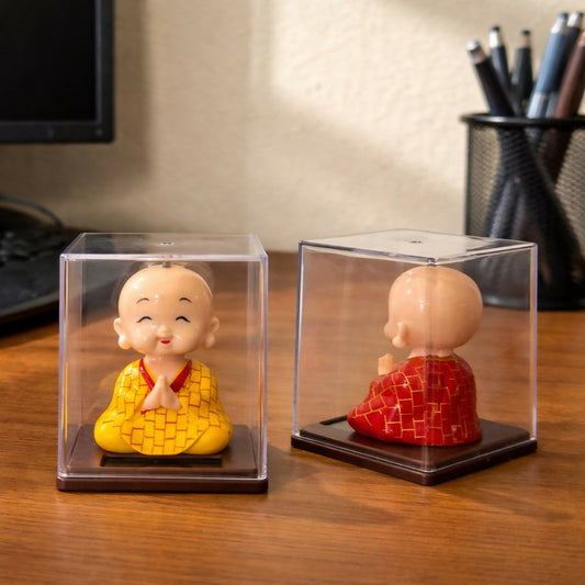 Solar Powered Monk Bobble Head with Moving Head Display Case (Color may vary)