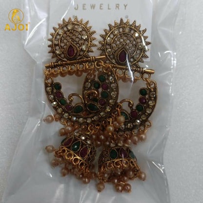 Peacock Motif Antique Gold Finish Chandbali Jhumka Earring