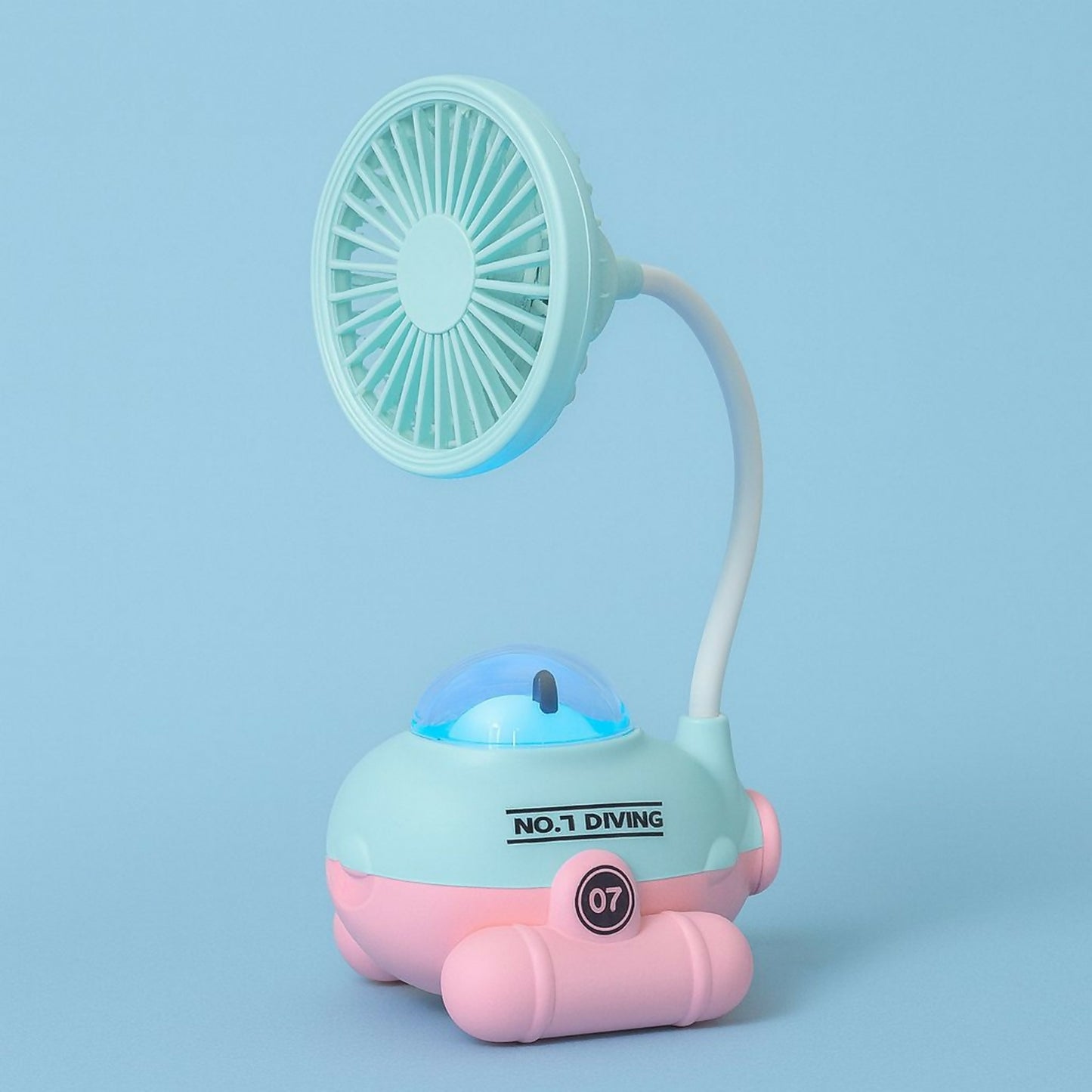 Cute Blue Cartoon Desk Fan with LED Night Light & Pencil Sharpener for Kids
