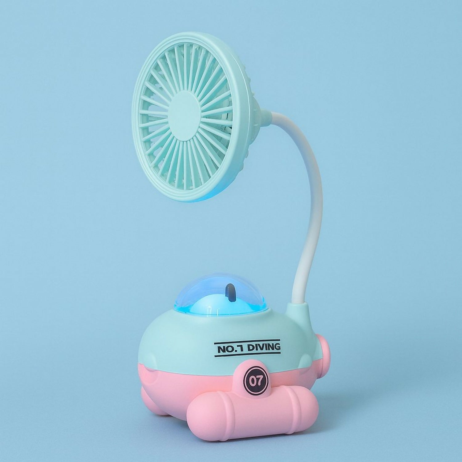 Cute Blue Cartoon Desk Fan with LED Night Light & Pencil Sharpener for Kids
