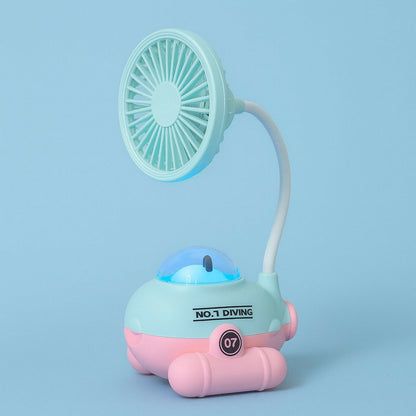 Cute Blue Cartoon Desk Fan with LED Night Light & Pencil Sharpener for Kids