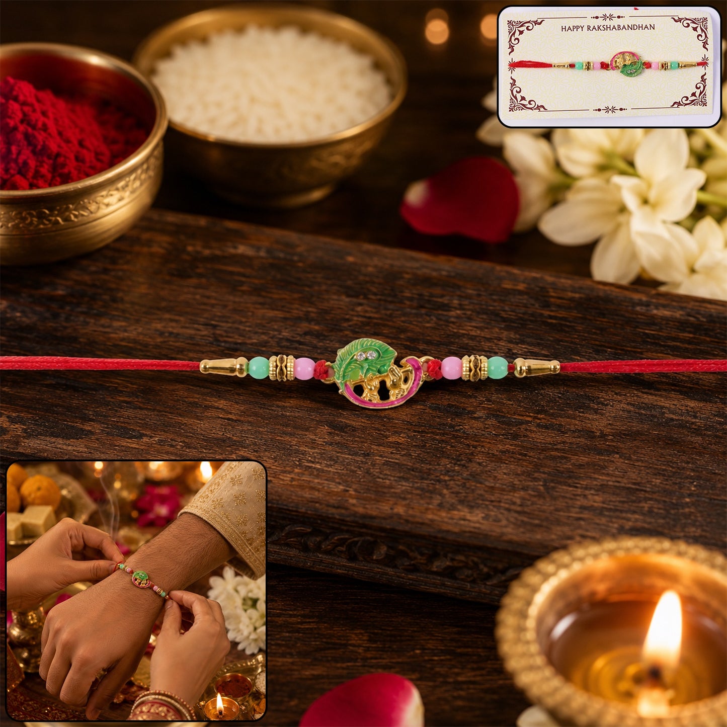 Mini Krishna Peacock Leaf Designer Rakhi multiple angles