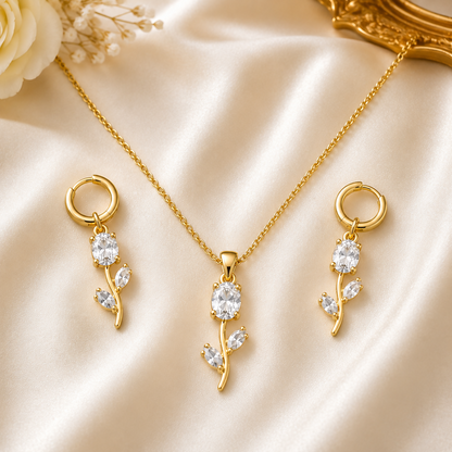 Close-up view of the sparkling white crystal floral pendant necklace.