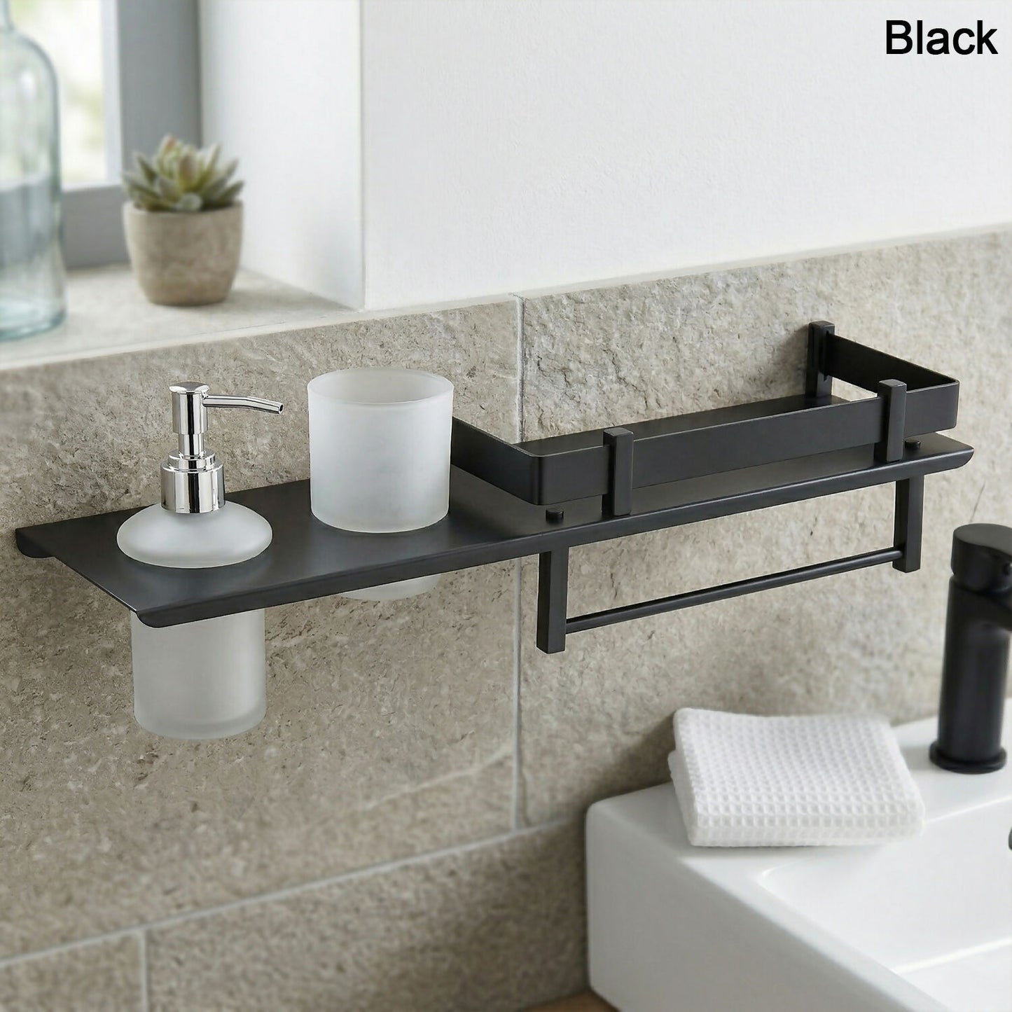 Stainless Steel Wall Mounted Bathroom Shelf with Soap Dispenser, Toothbrush Holder & Towel Rack