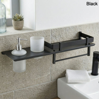 Stainless Steel Wall Mounted Bathroom Shelf with Soap Dispenser, Toothbrush Holder & Towel Rack