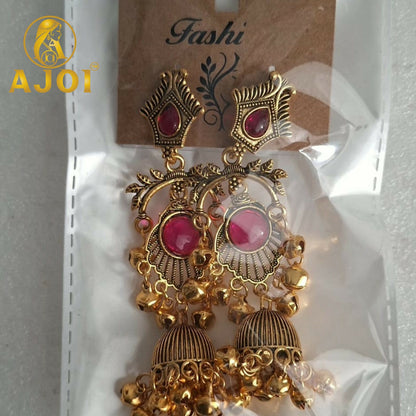 Antique Gold Plated Jhumka Earrings with Ruby Red Stone Traditional