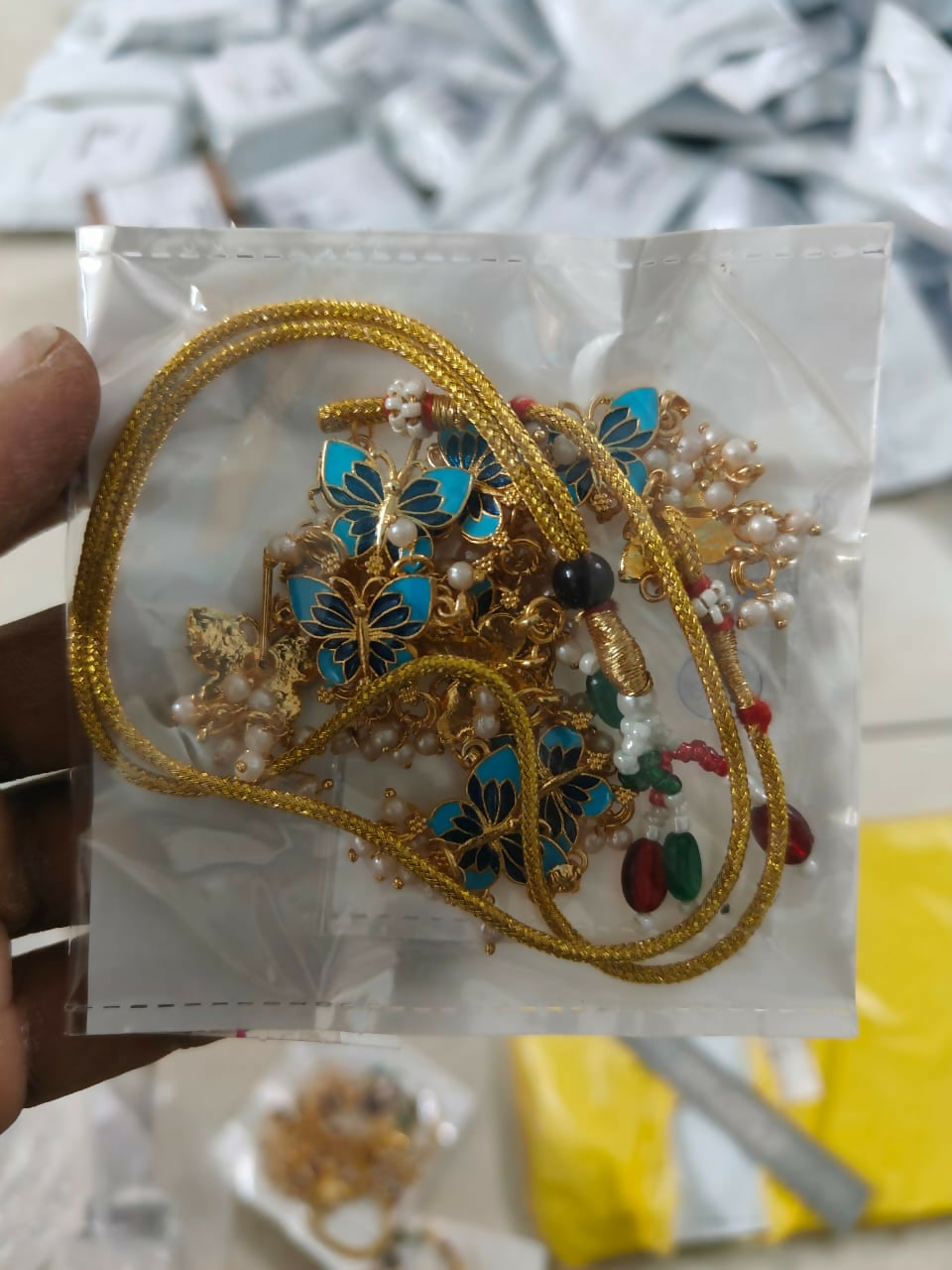 Gold-Plated Meenakari Butterfly Motif Necklace and Earring Set