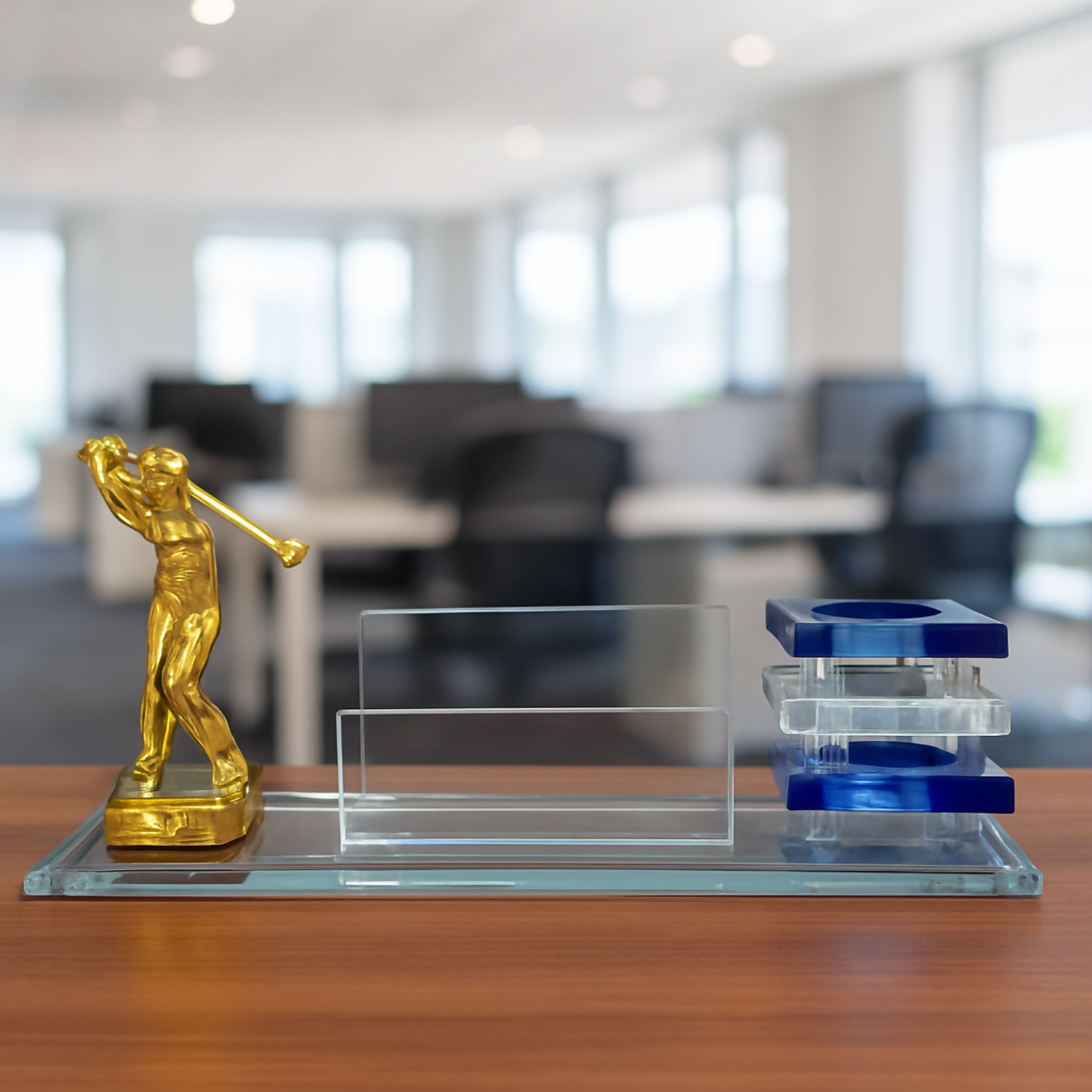 Elegant Golf-Themed Acrylic Pen Stand and Visiting Card Holder Set with Blue Crystal Base and Golden Golfer Figurine – Premium Office Desk Organizer and Corporate Gift for Professionals