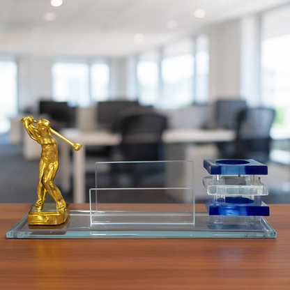 Elegant Golf-Themed Acrylic Pen Stand and Visiting Card Holder Set with Blue Crystal Base and Golden Golfer Figurine – Premium Office Desk Organizer and Corporate Gift for Professionals