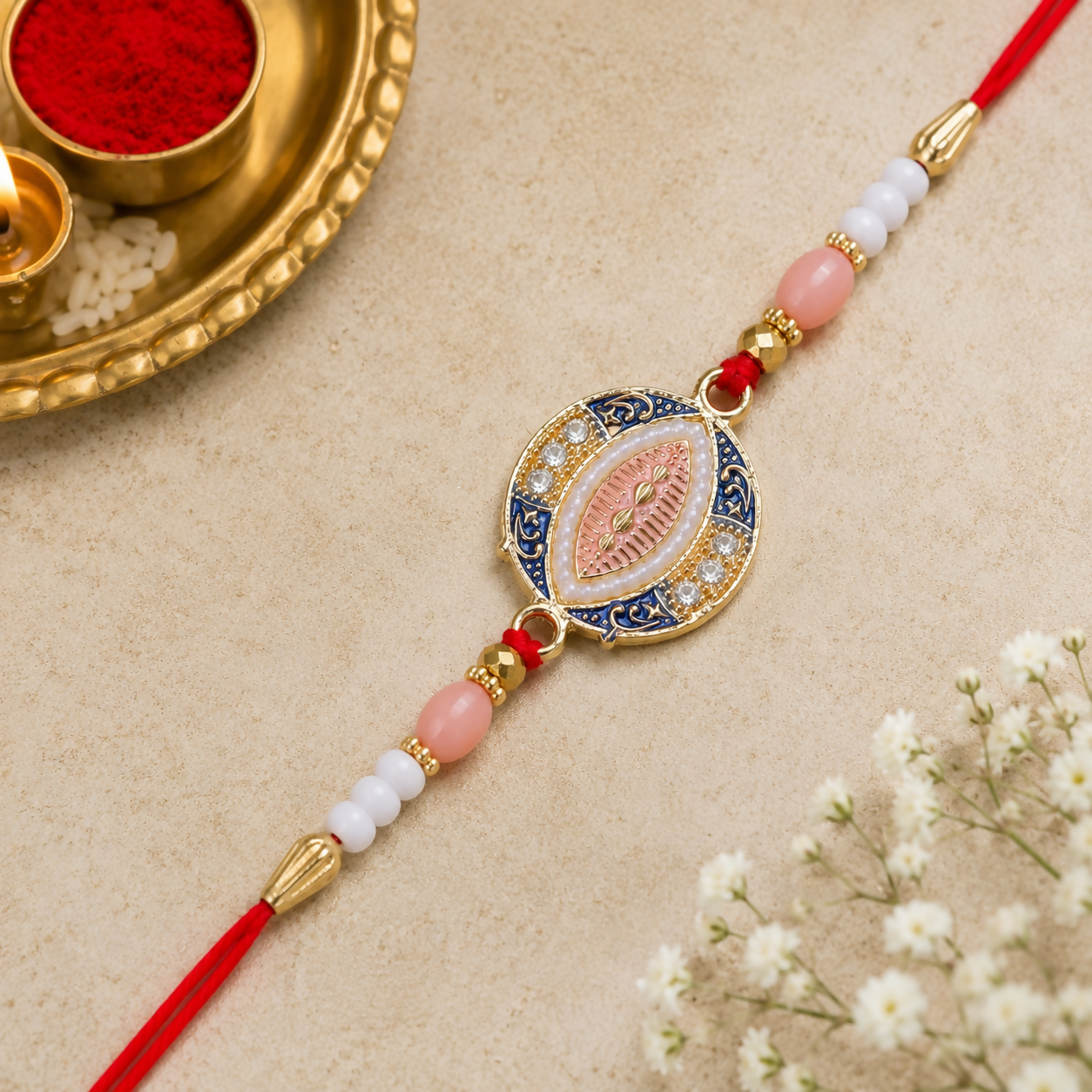 A blue, pink, and gold Rakhi with a central oval design, surrounded by small white stones and pearls, rests on a light brown