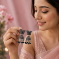 Black Butterfly Jhumka Earrings, Oxidized Silver Dome with Black Bead Drop Charms