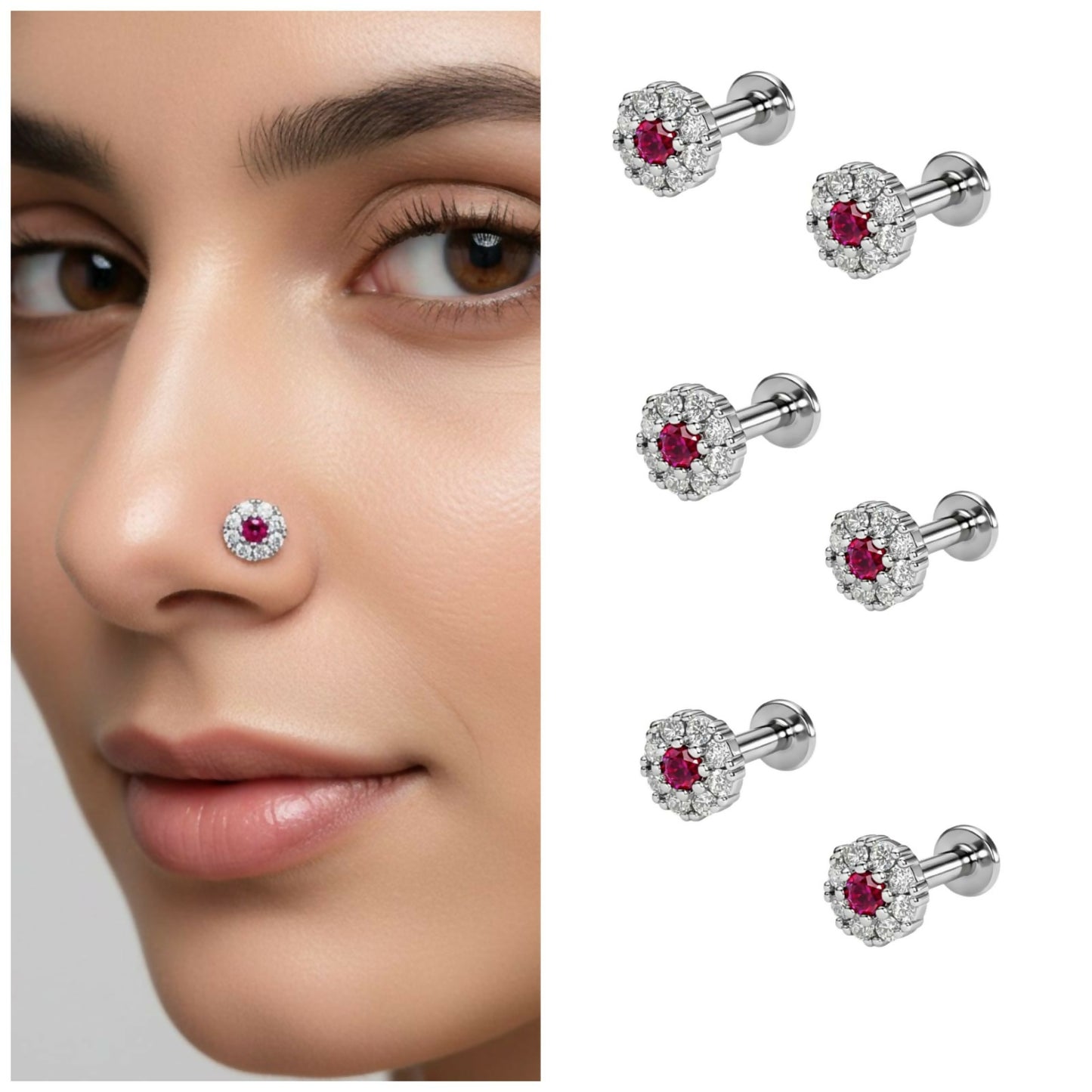 Silver-plated ruby nose pin worn showing floral stud style