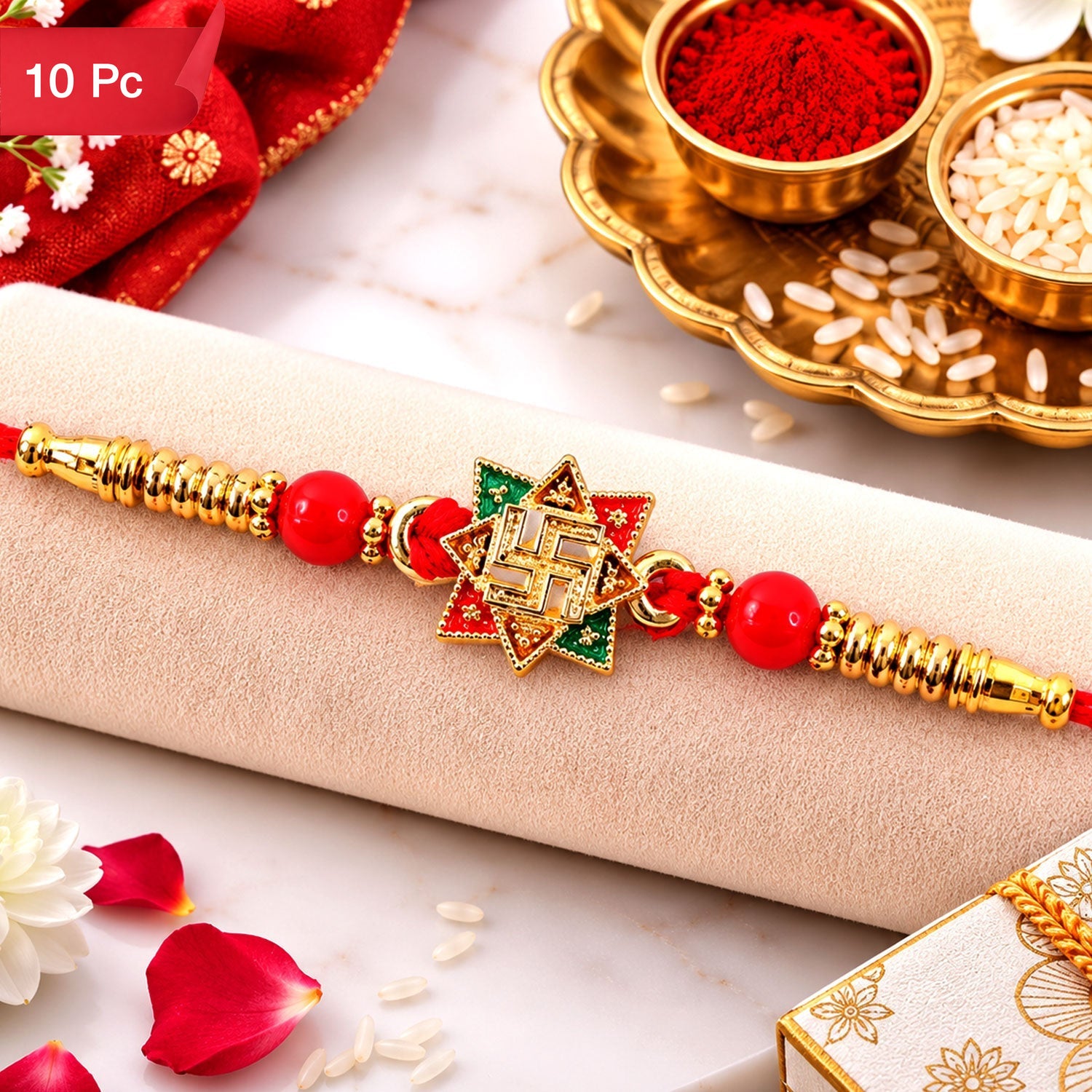 Golden Swastik Motif Rakhi with Enamel and Beadwork for Brother (10pcs)