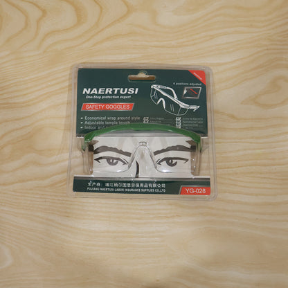 Safety goggles shown worn for eye protection