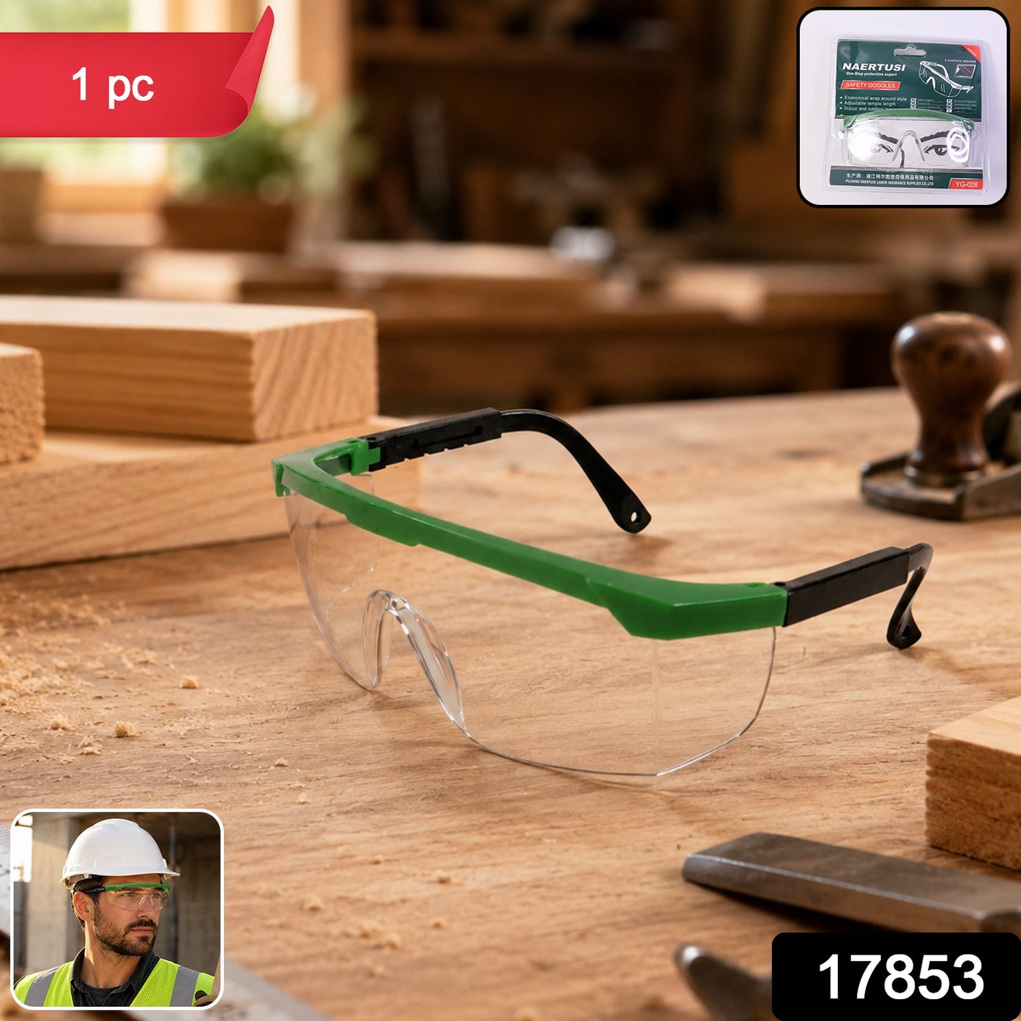 Safety goggles showing adjustable temple length