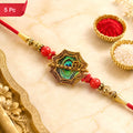 Shop Peacock Feather Rakhi Golden Frame Red Beads (5pcs)