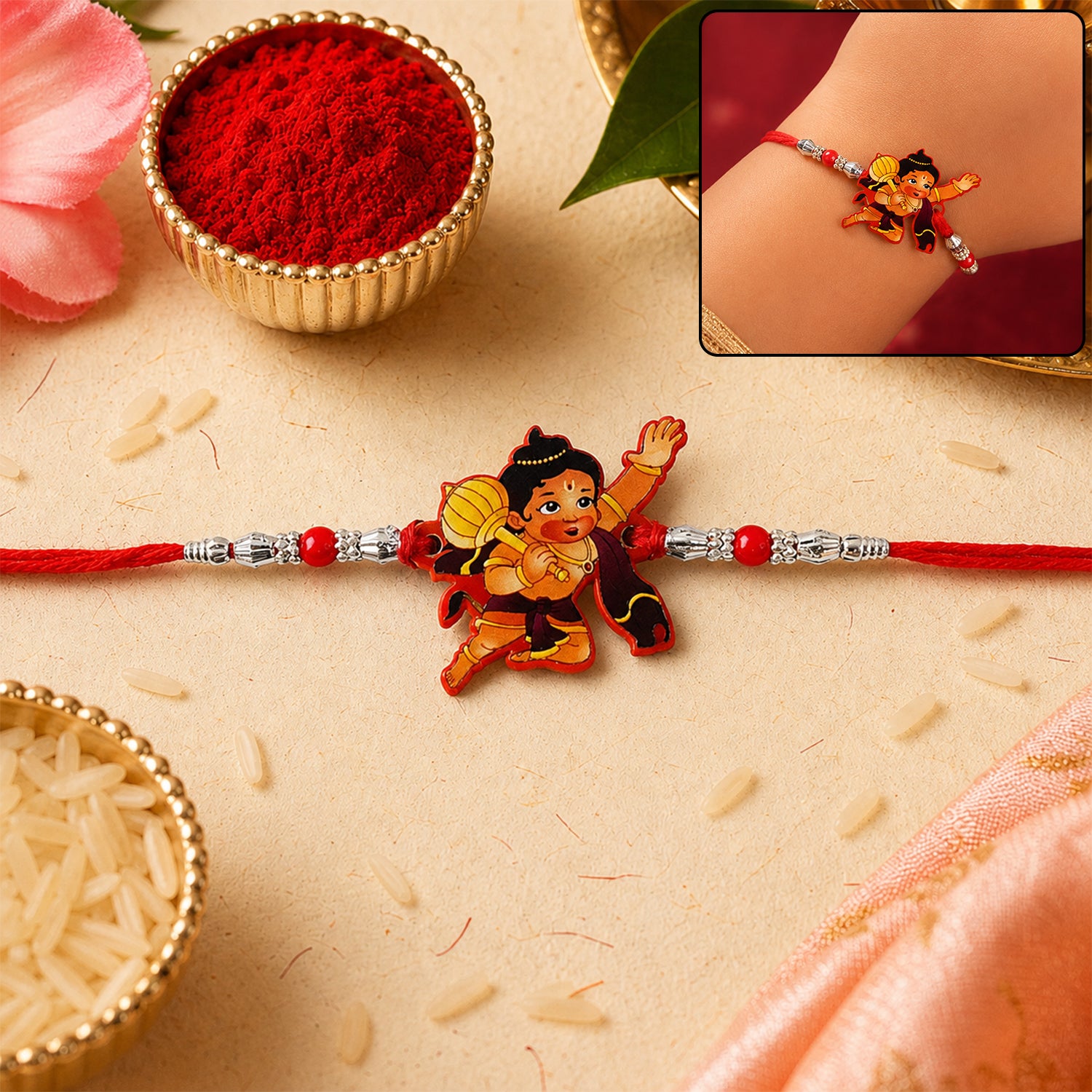 Little Hanuman Rakhi with Red Thread and Silver Bead Chain