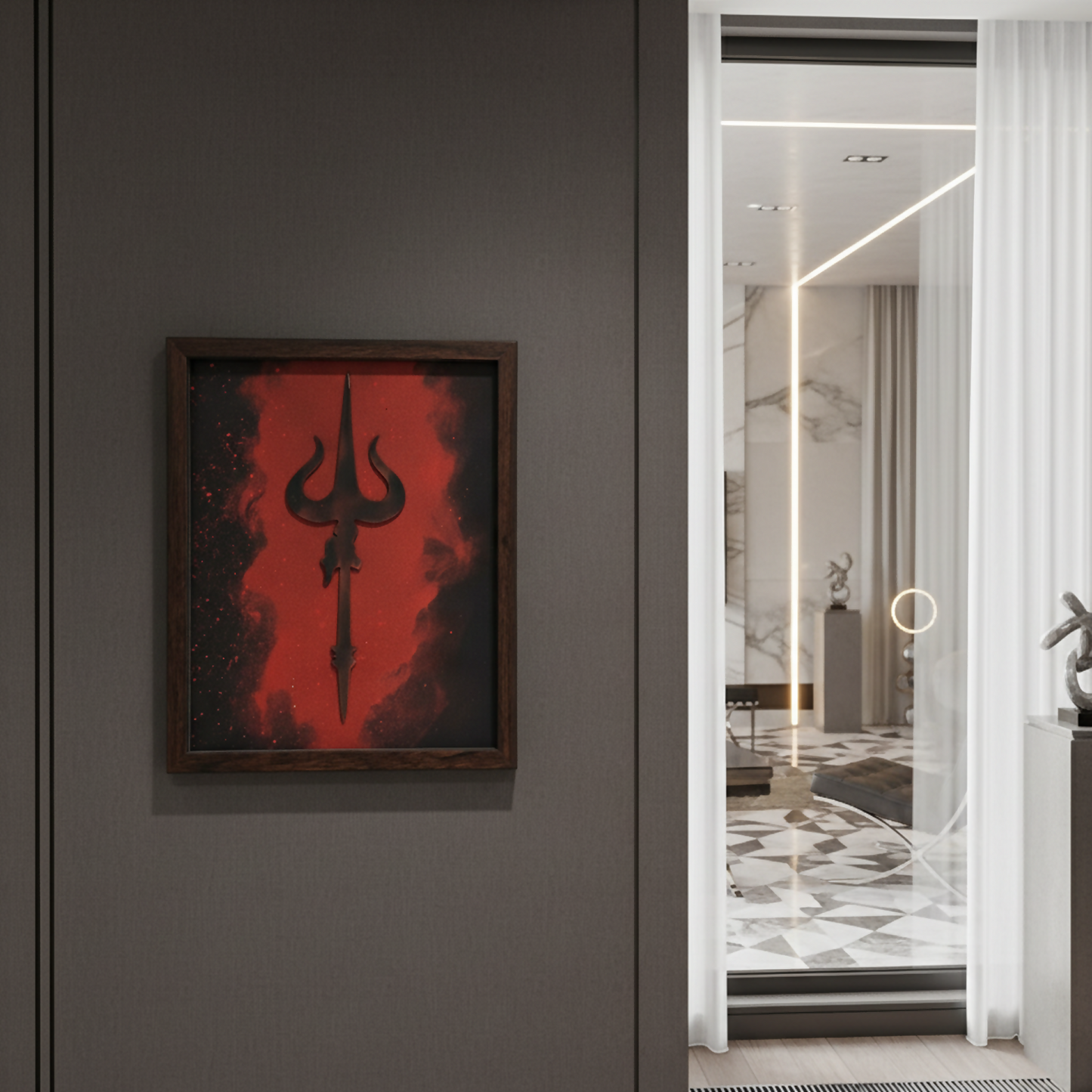 Mahadev Trishul Wall Art Frame – Minimalist Lord Shiva Trident Decor | Modern Spiritual Wall Art for Living Room, Meditation & Pooja Room