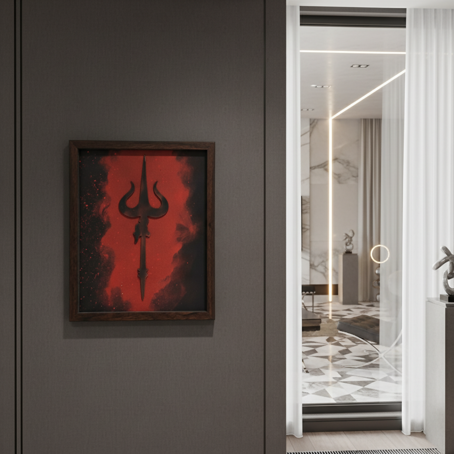 Mahadev Trishul Wall Art Frame – Minimalist Lord Shiva Trident Decor | Modern Spiritual Wall Art for Living Room, Meditation & Pooja Room