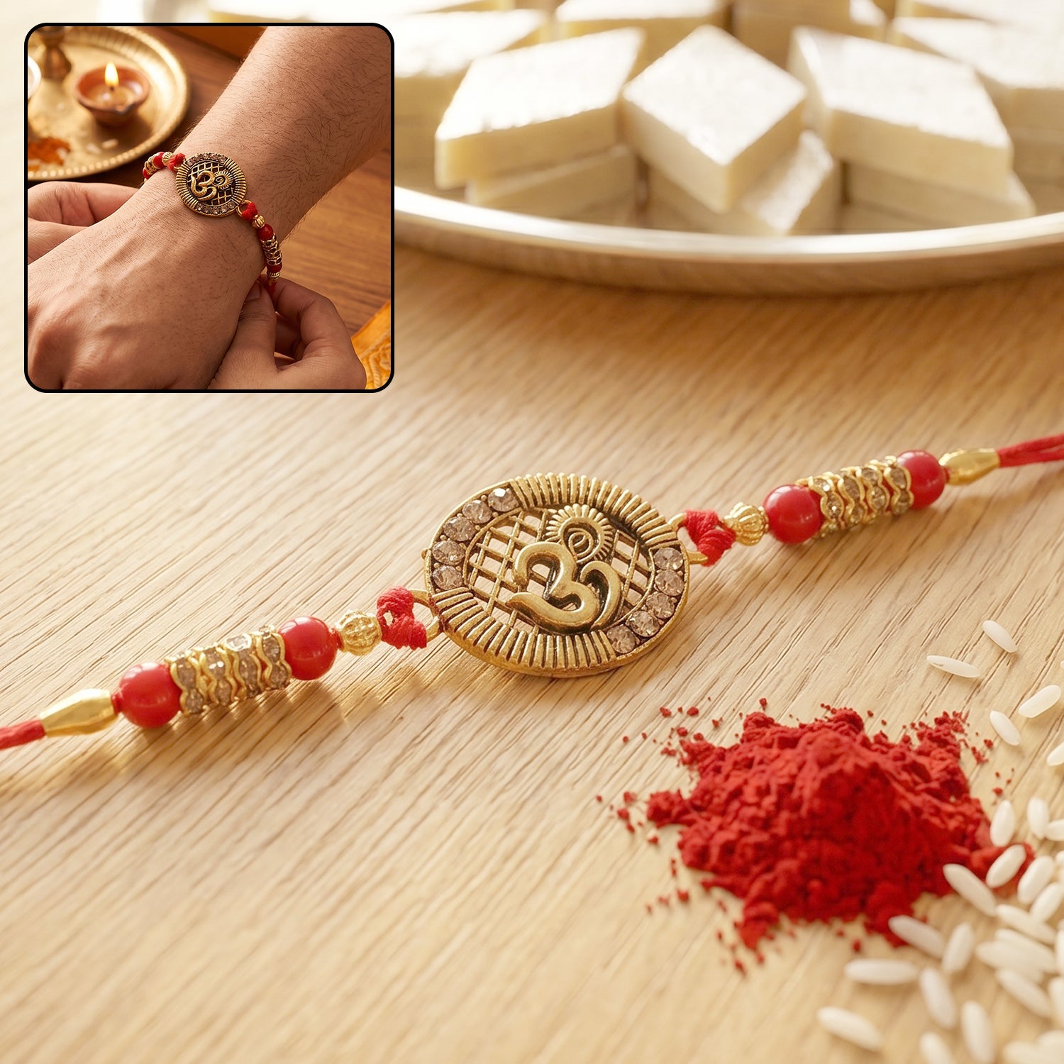 Antique Om Coin Rakhi with Rudraksha Beads and Red Thread
