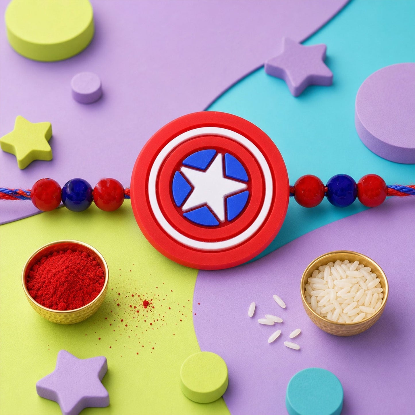 Superhero Shield Kids Rakhi with Playful Beaded Detailing Work (5pcs)