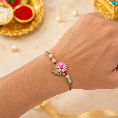 Lotus Floral Beaded Bhai Bhabhi Lumba Rakhi with Pearl Drop Pair