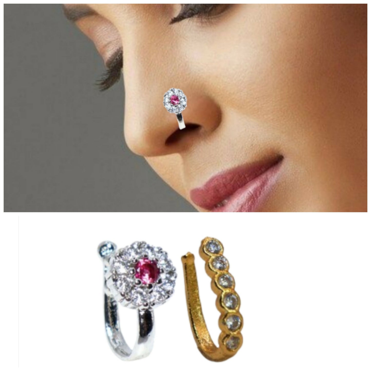 AD Stone Multi-Style Nose Ring Set (No Piercing Needed) Combo Pack of 2