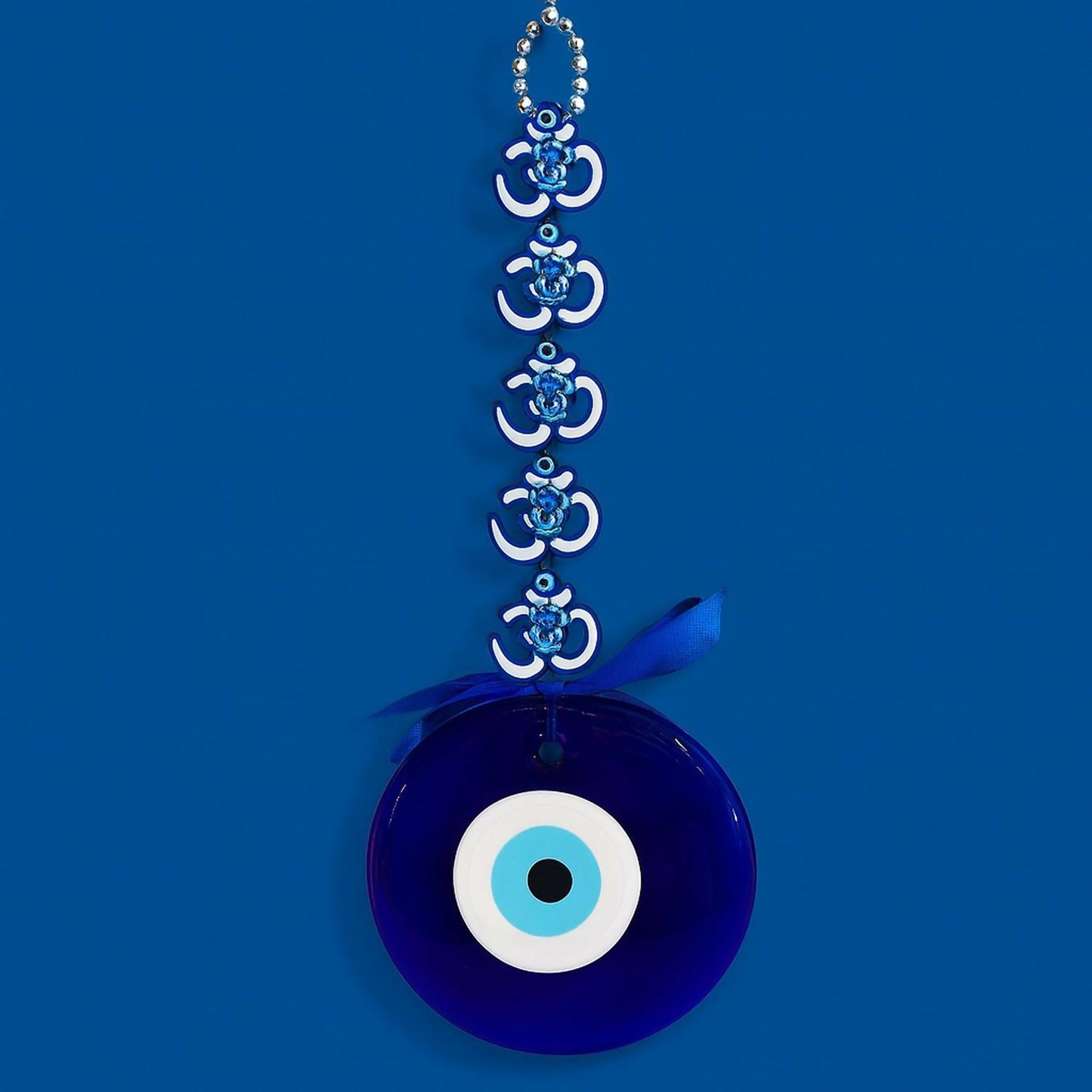 Evil Eye Wall Hanging with Blue Lotus & Om Design – Nazar Battu Hanging for Home, Office & Car Décor, Protection Symbol with Decorative Ribbon, Good Luck Charm, Gift Item (Blue)