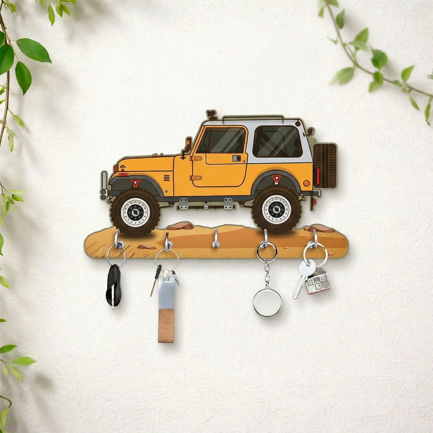 Jeep Design Wooden Key Holder with 5 Hooks Decorative Wall Key Stand for Home