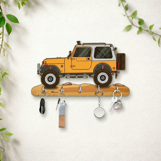 Jeep Design Wooden Key Holder with 5 Hooks Decorative Wall Key Stand for Home