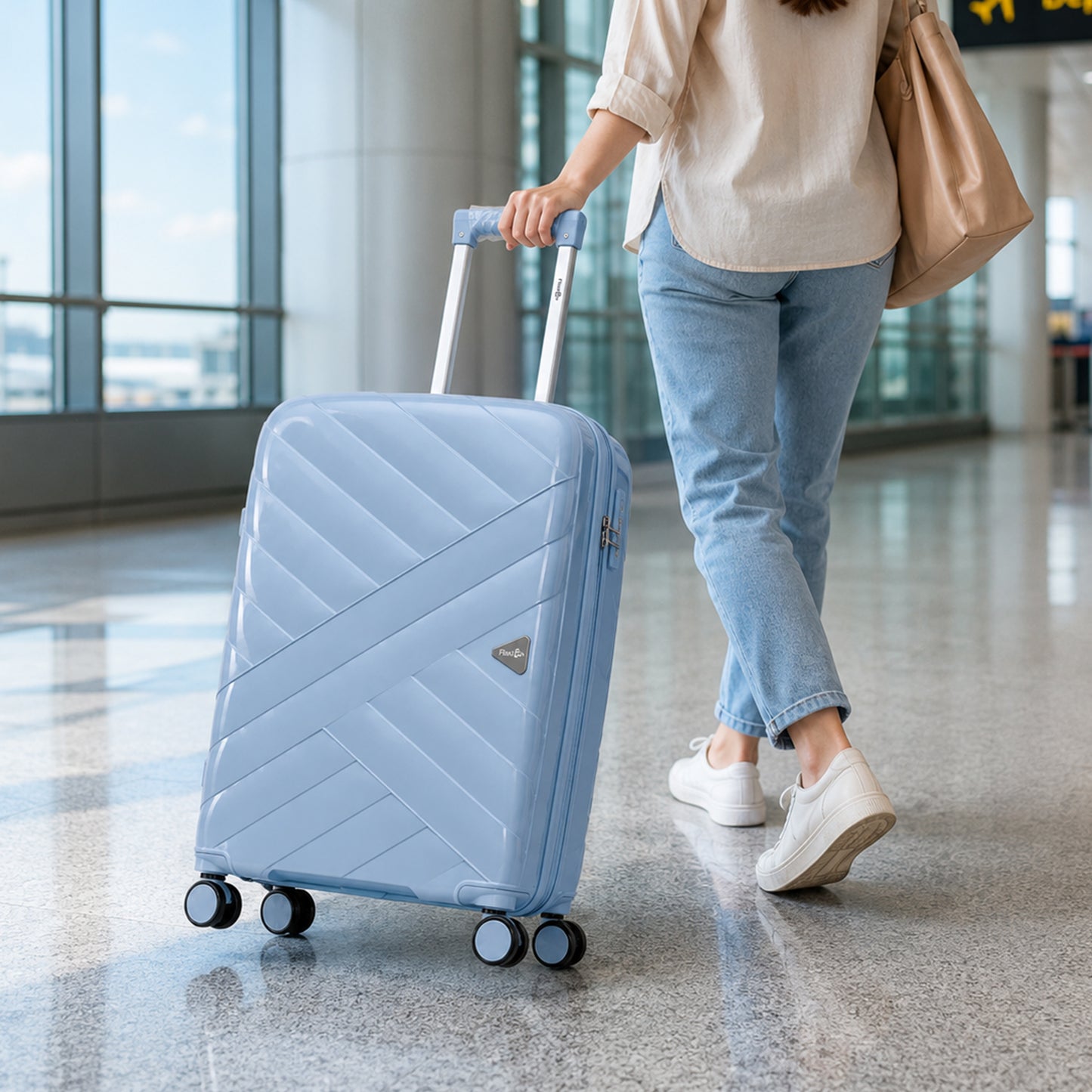 Sky Blue Lightweight Trolley Suitcase with 360° Spinner Wheels & Secure Travel Lock