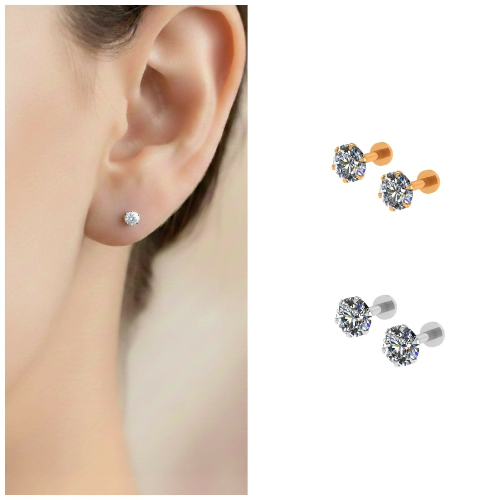 Silver Plated Round AD Solitaire Flat Back Stud Earrings Combo Pack of 2