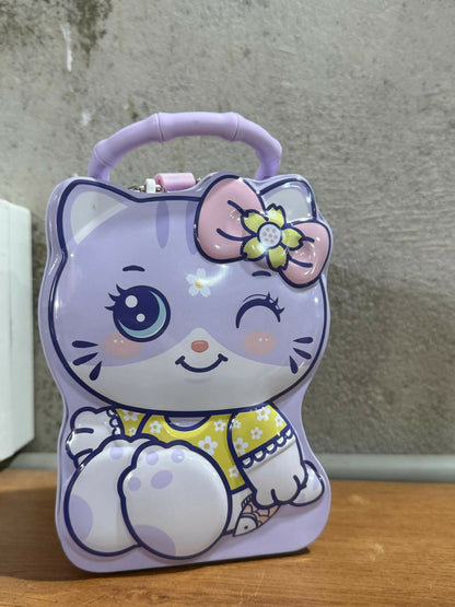 Cute Cat Shaped Lockable Metal Storage Box with Handle & Lock | Kitty Coin Bank, Kids Treasure Chest, Money Saving Box, Toy Organizer, Secret Storage Case for Children | Durable Metal Case with Key