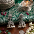 Oxidised Silver Jhumka Earrings for Women | Traditional Ethnic Temple Jewellery with Red Stone & White Beads