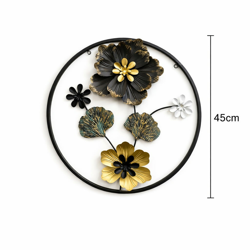 Stylish circular metal flower wall art with black and gold finish