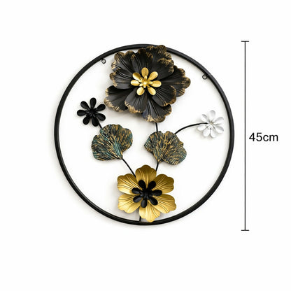 Stylish circular metal flower wall art with black and gold finish
